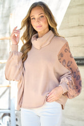 Hailey & Co Women's Leopard Sleeve Color Block Knit Top - Mock Neck, Relaxed Fit
